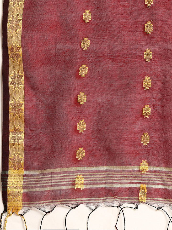 Blue & Red Zari Buti Silk Cotton Saree with blouse piece | SHOBITAM