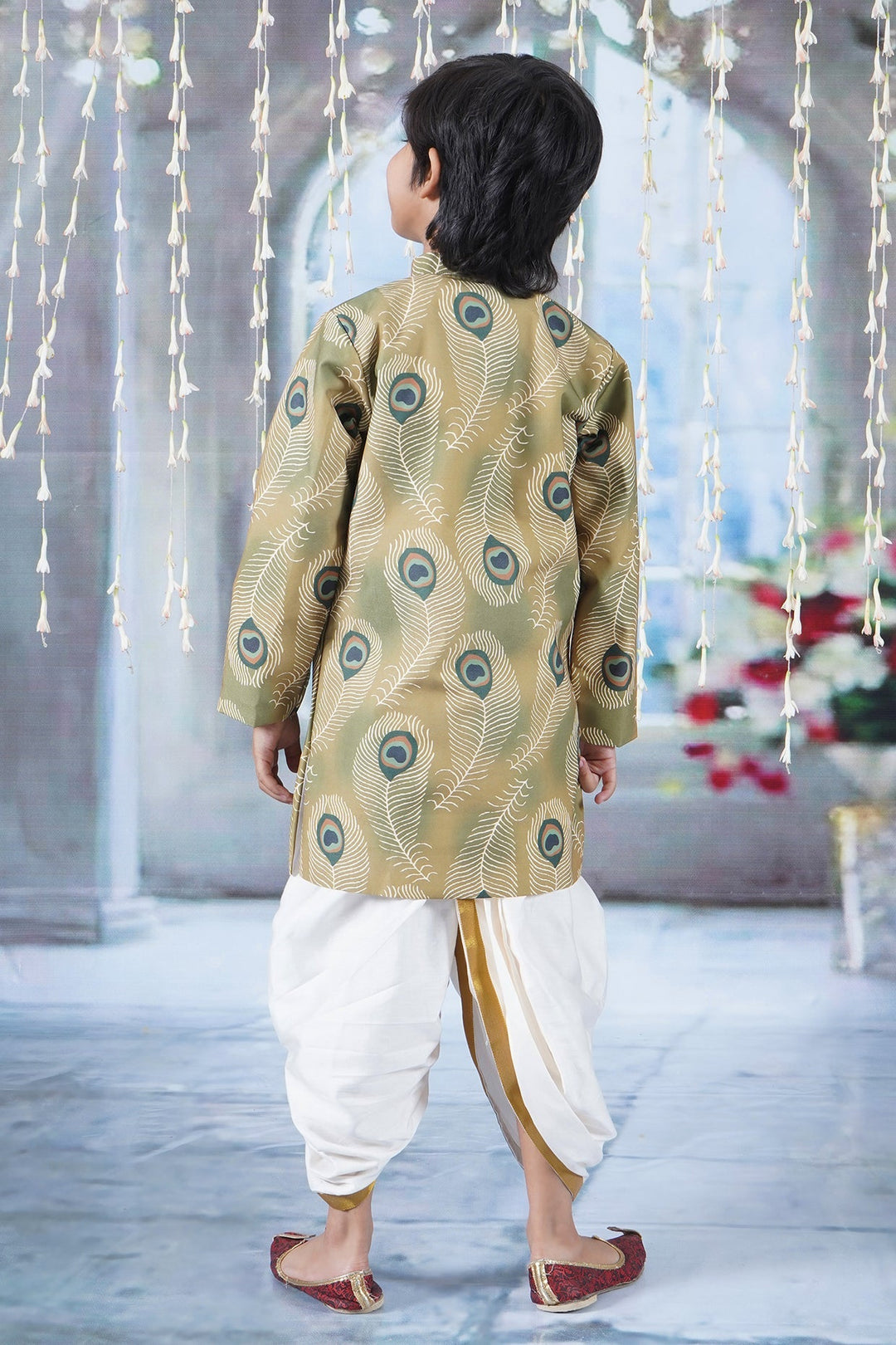 Boys Cotton Full Sleeves Peacock Feather Sherwani with Dhoti -Mustard Yellow | SHOBITAM