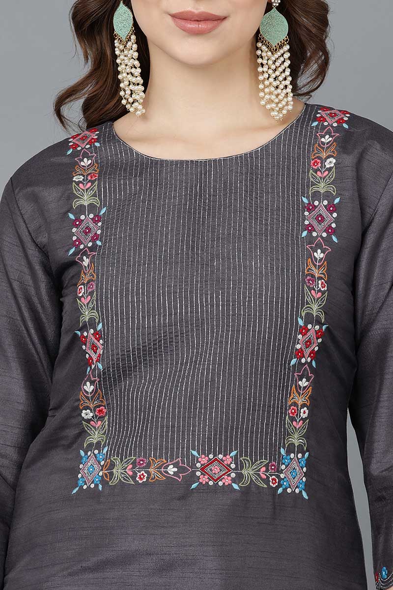 Women Charcoal Poly Silk Embroidered Kurta Trousers With Dupatta  | SHOBITAM