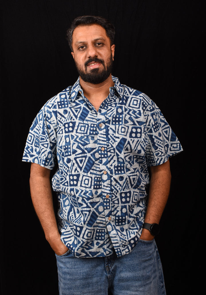 Indigo White Handblock Printed Cotton Mens Shirt Raasleela