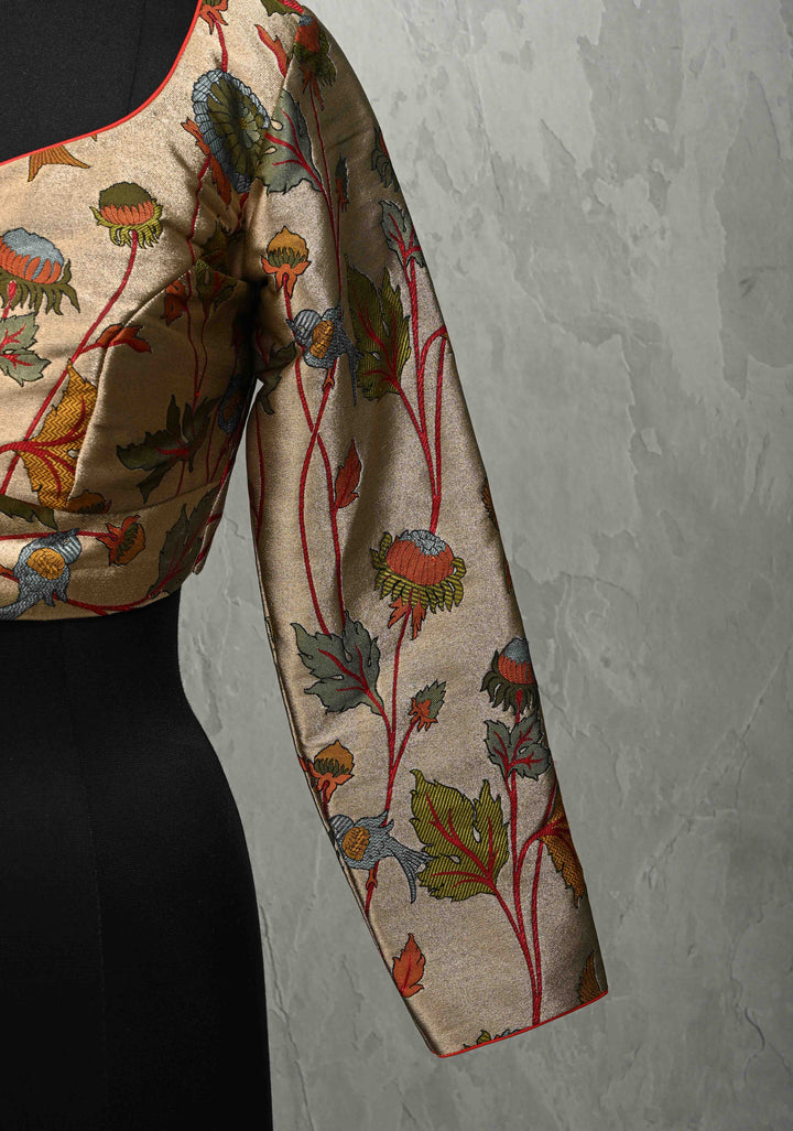 SIZE 36" Bronze Semi Paithani Style Tissue Silk Leaf Neckline with Meenakari Fauna Brocade and Full Sleeves Blouse