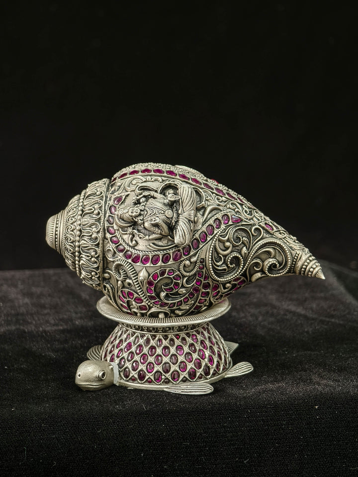 Pure 92.5 Silver Lakshmi Conch Shell with Turtle Stand, embellished with stones