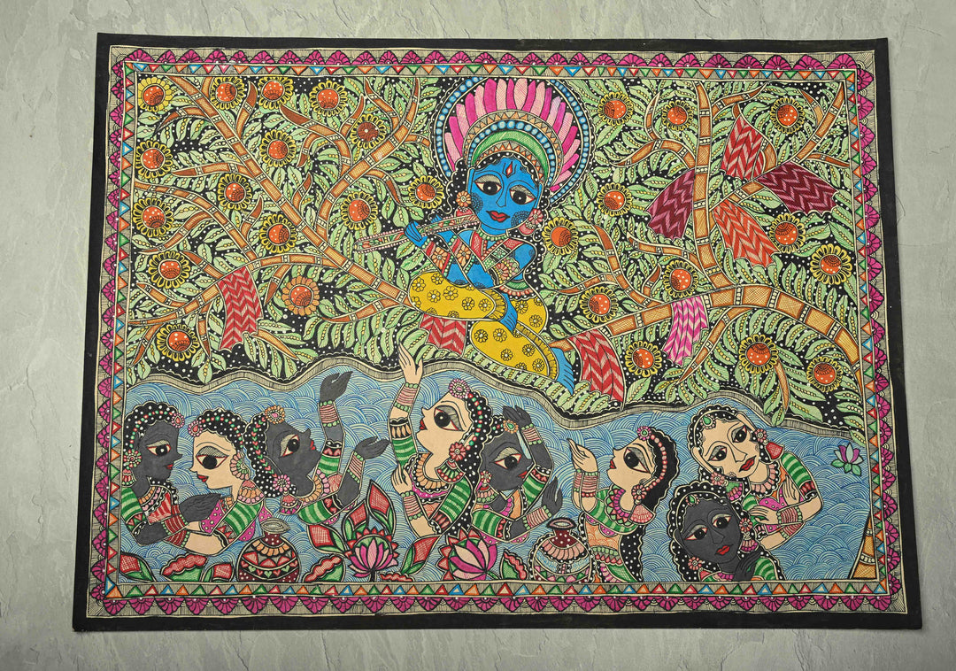 Krishna Leela Madhubani Hand Painting, Unframed, 30 x 22 | SHOBITAM