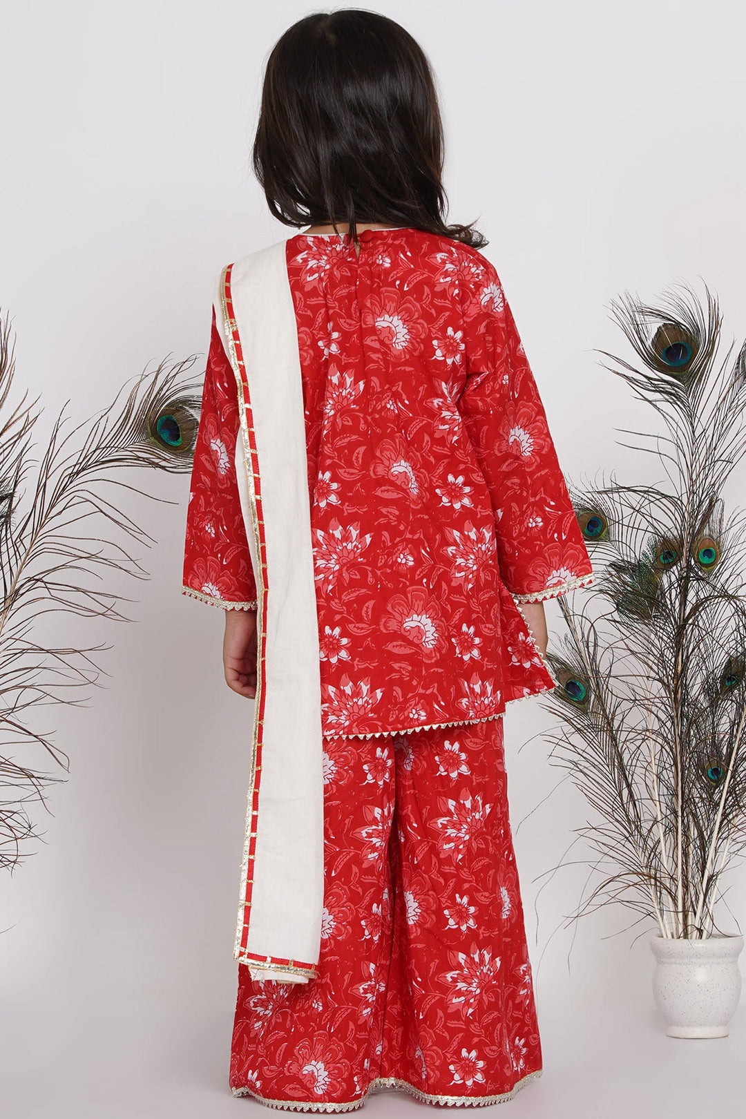 Girls Hand Gotawork Floral Kurta with Red Plazzo & White Dupatta  | SHOBITAM