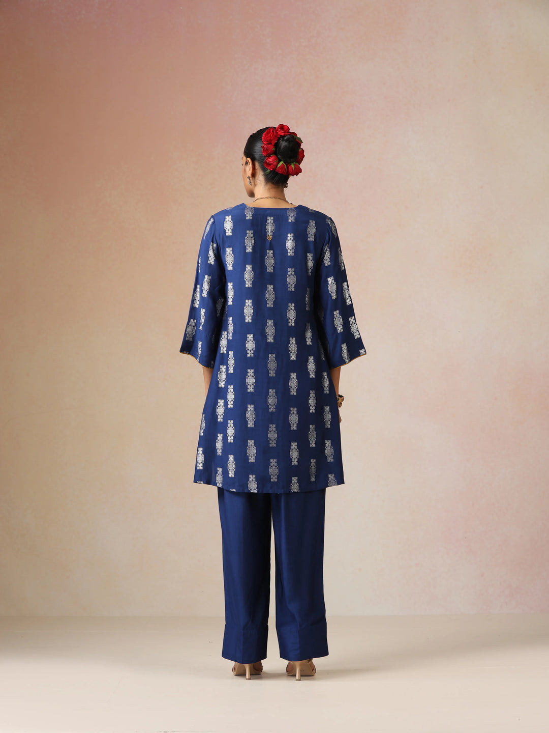 Blue Silver Foil Print Muslin Silk Kurta Farsi Pants Set| SHOBITAM