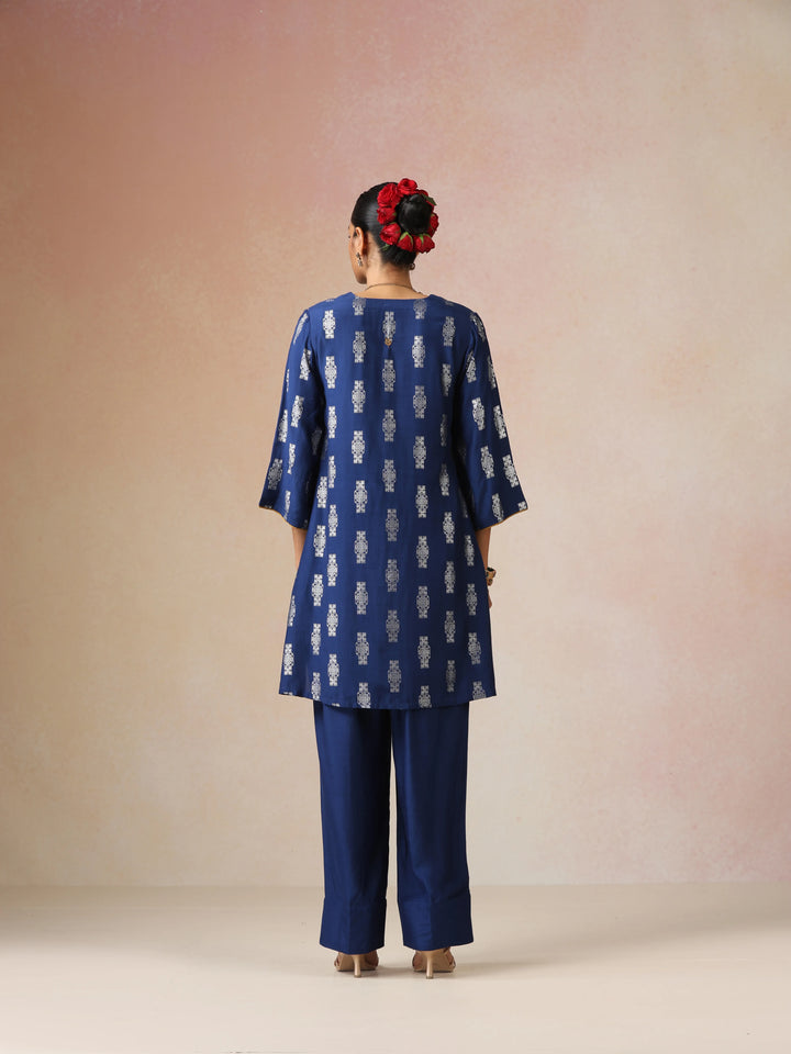 Blue Silver Foil Print Muslin Silk Kurta Farsi Pants Set| SHOBITAM