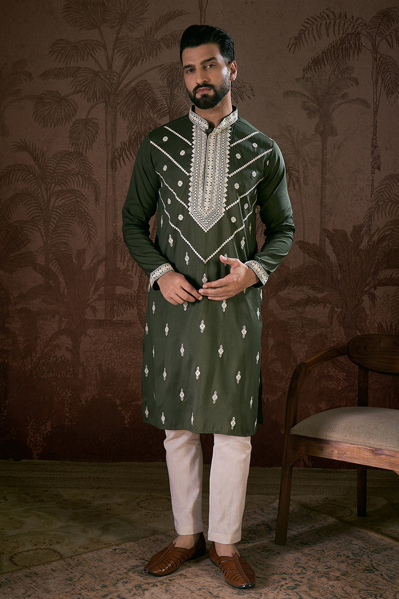 Green Silk Blend Solid Embroidered Straight Kurta For Men | SHOBITAM