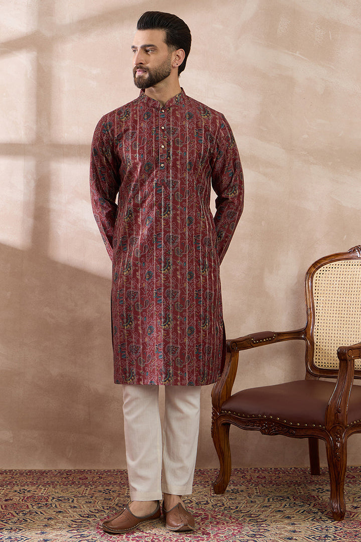 Maroon Silk Blend Printed Mandarin Collar Straight Kurta With Trouser | SHOBITAM