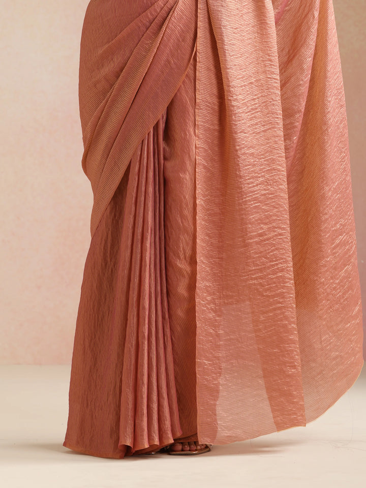 Peach Copper Tissue Saree With Unstitched Blouse | SHOBITAM