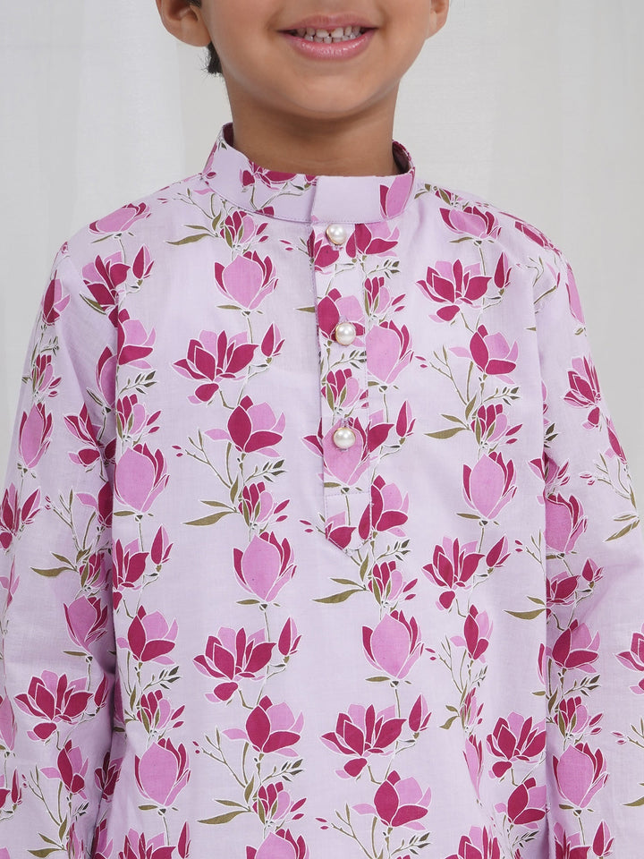 Boys Lavender Cotton Lotus Kurta Dhoti Set | SHOBITAM