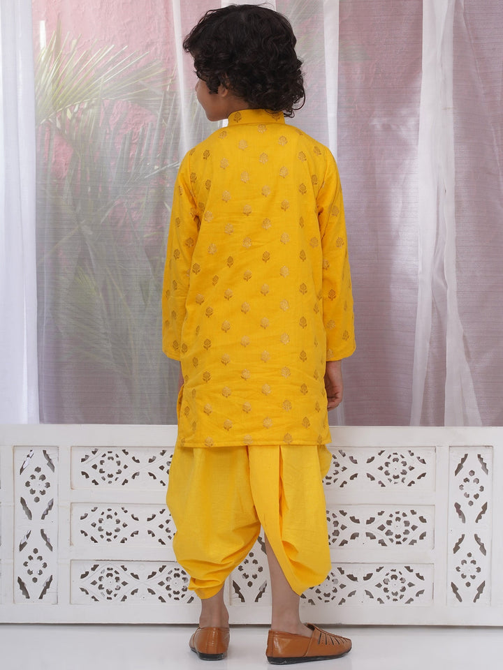 Boys Cotton Full Sleeves Kurta and Dhoti with Golden Floral Zari Work- Haldi Yellow | SHOBITAM
