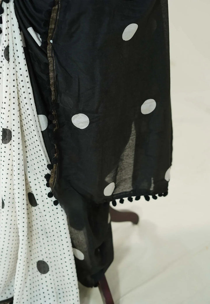 Chanderi Cotton Saree Half and Half Design with Pompoms | SHOBITAM