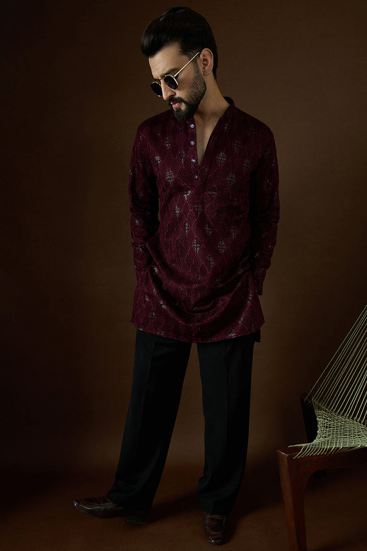 Purple Georgette Solid Embroidered Straight Kurta | SHOBITAM