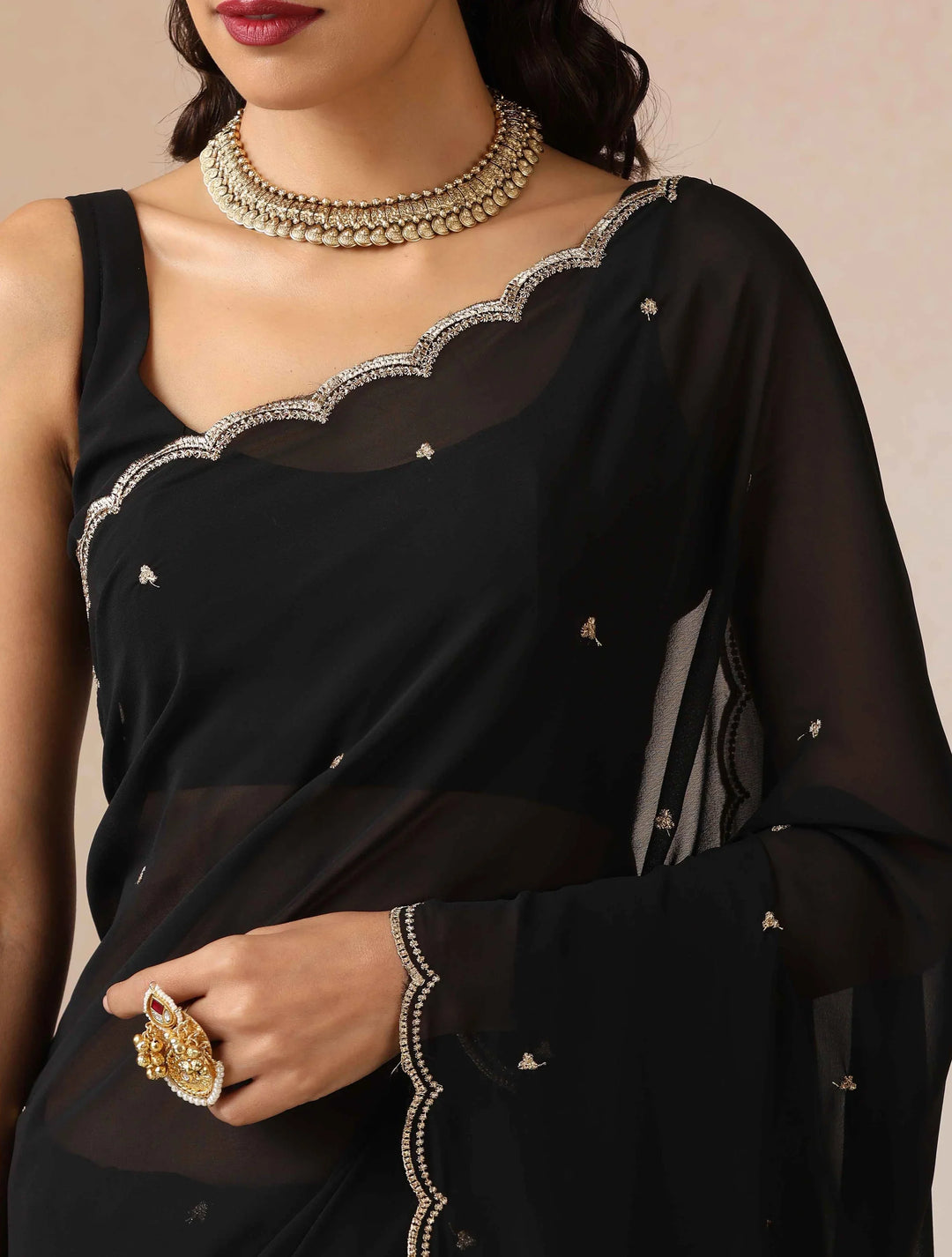 Black Georgette Embroidered Saree With unstitched Blouse | SHOBITAM