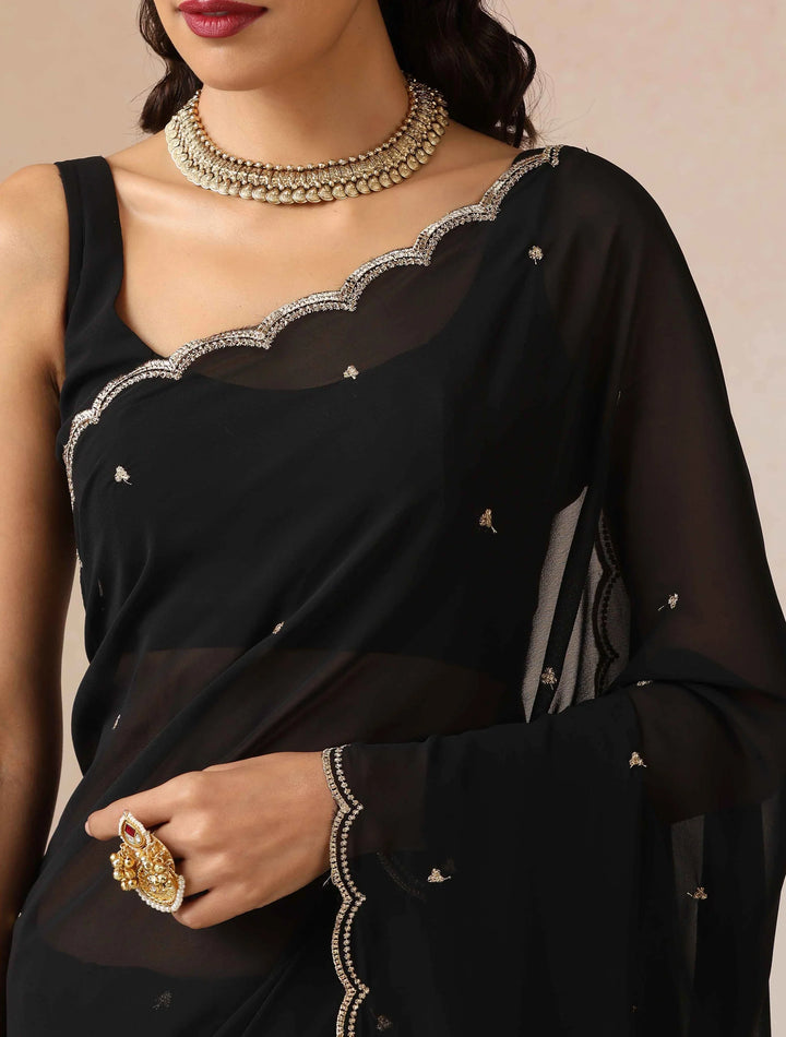 Black Georgette Embroidered Saree With unstitched Blouse | SHOBITAM