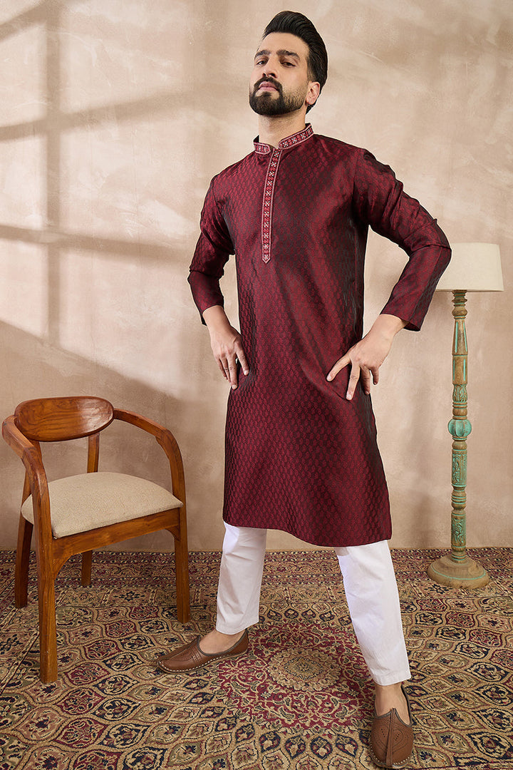 Maroon Silk Blend Solid Woven Design Straight Kurta With Trouser | SHOBITAM