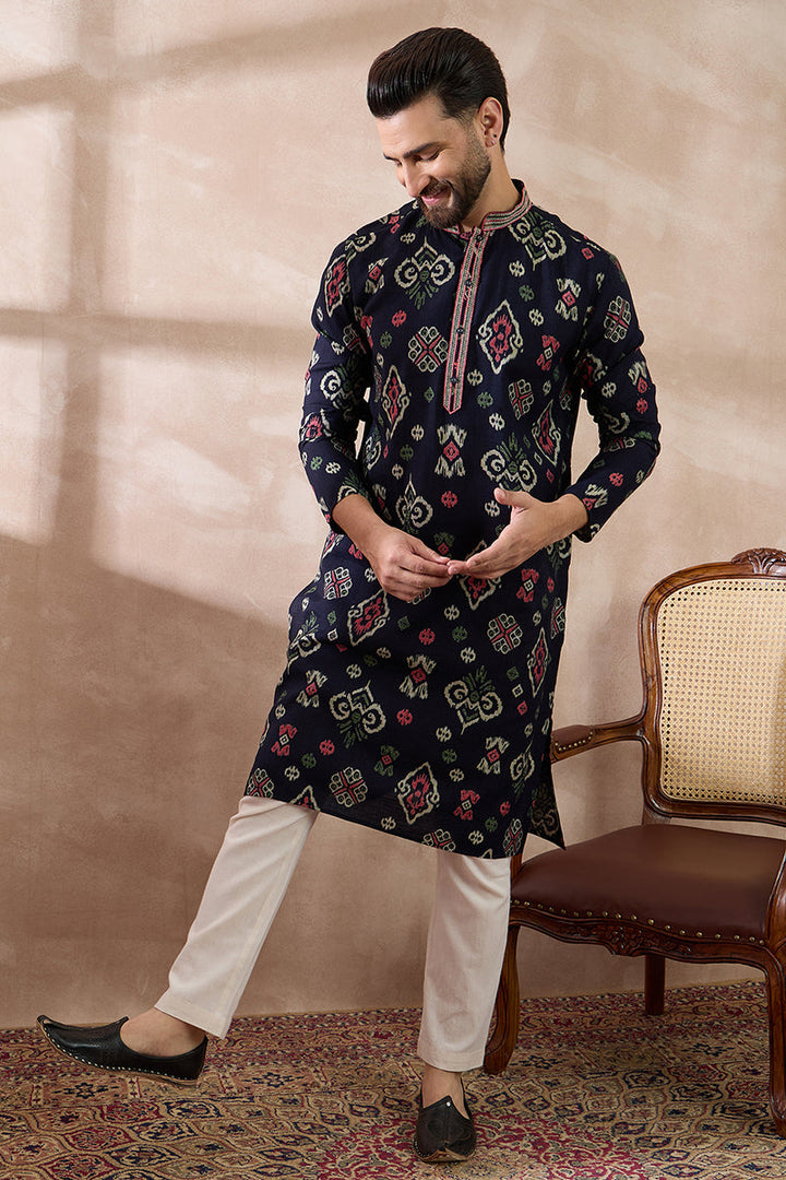 Blue Silk Blend Printed Mandarin Collar Straight Kurta With Trouser | SHOBITAM