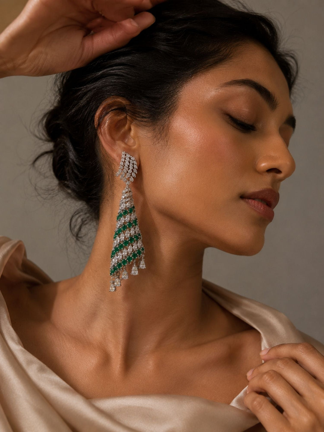 Emerald Green CZ Long Earrings in Silver Finish – Party Wear | SHOBITAM