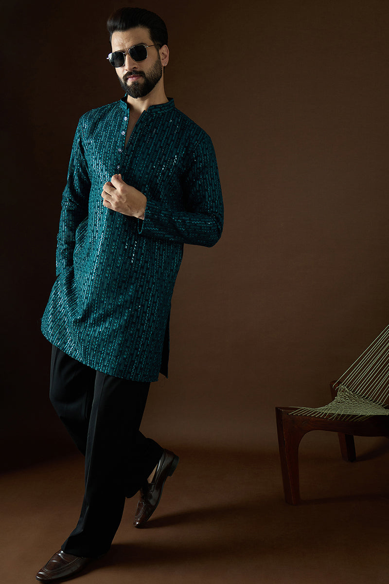 Teal Georgette Solid Embroidered Straight Kurta Sets | SHOBITAM