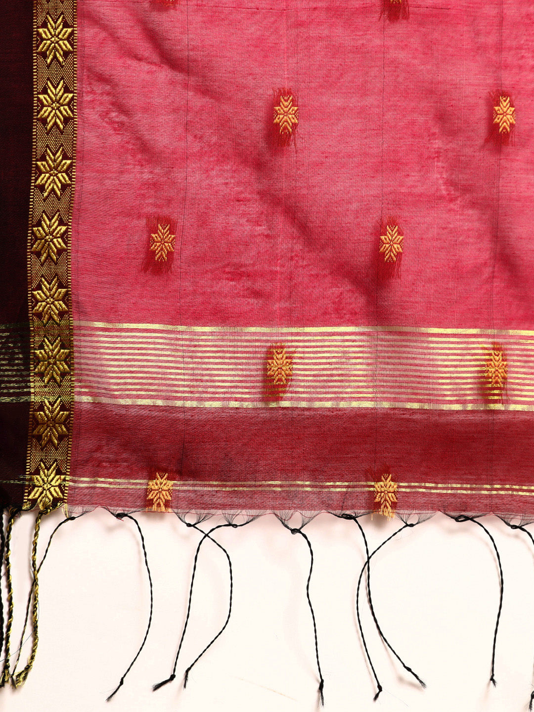 Maroon Zari Buti Silk Cotton Saree with Minimal Zari Border and Blouse piece