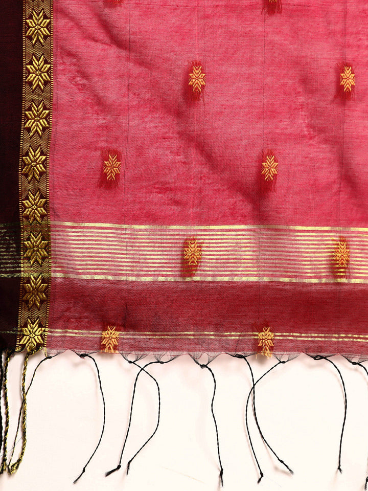 Maroon Zari Buti Silk Cotton Saree with Minimal Zari Border and Blouse piece