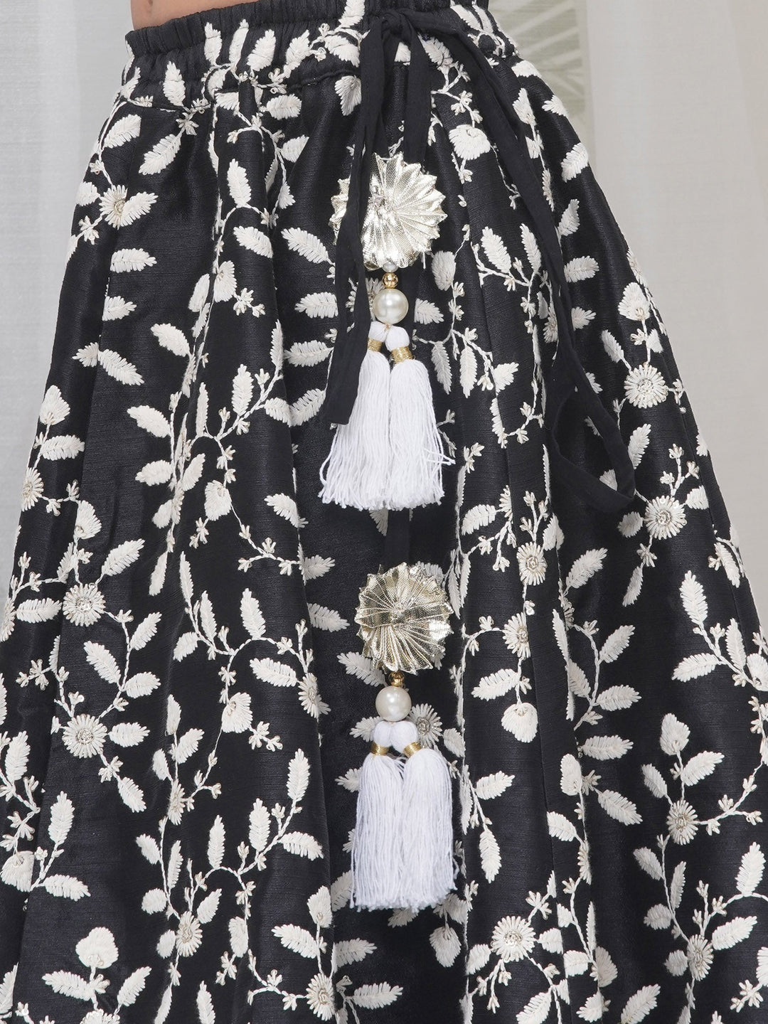 Girls Silk Brocade Floral Thread Work Lehenga with Blouse & Dupatta - Black | SHOBITAM