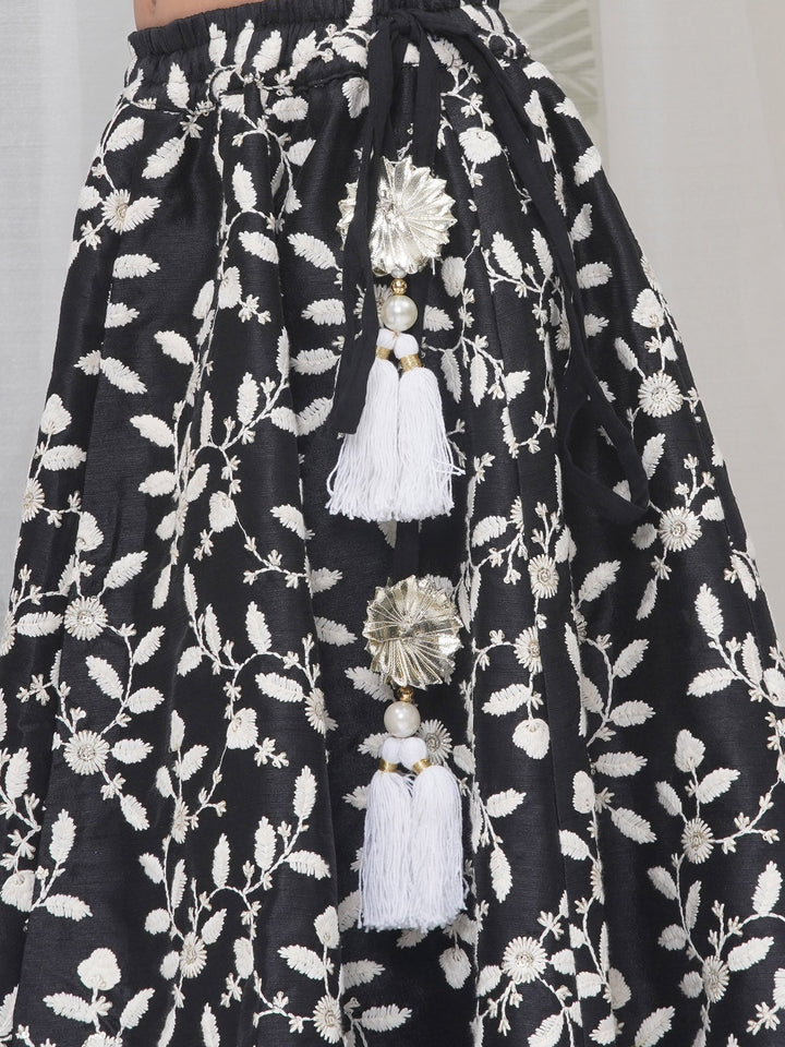 Girls Silk Brocade Floral Thread Work Lehenga with Blouse & Dupatta - Black | SHOBITAM