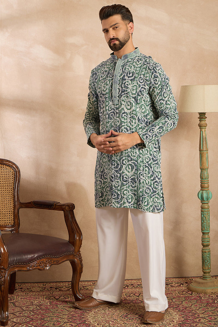 Green Viscose Rayon Batik Embroidered Straight Kurta With Trouser | SHOBITAM