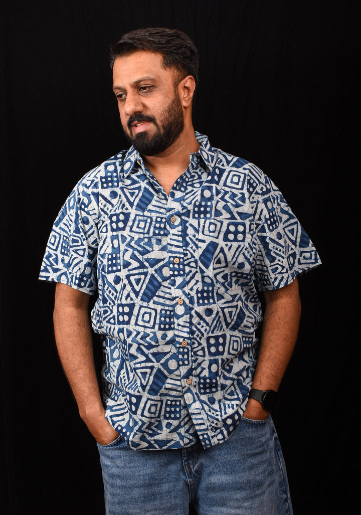 Indigo White Handblock Printed Cotton Mens Shirt Raasleela