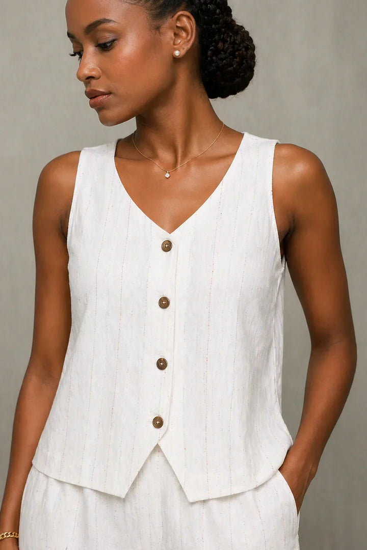 Ivory Cotton Co-ord Set with Button-Down Top & Wide-Leg Pants | SHOBITAM