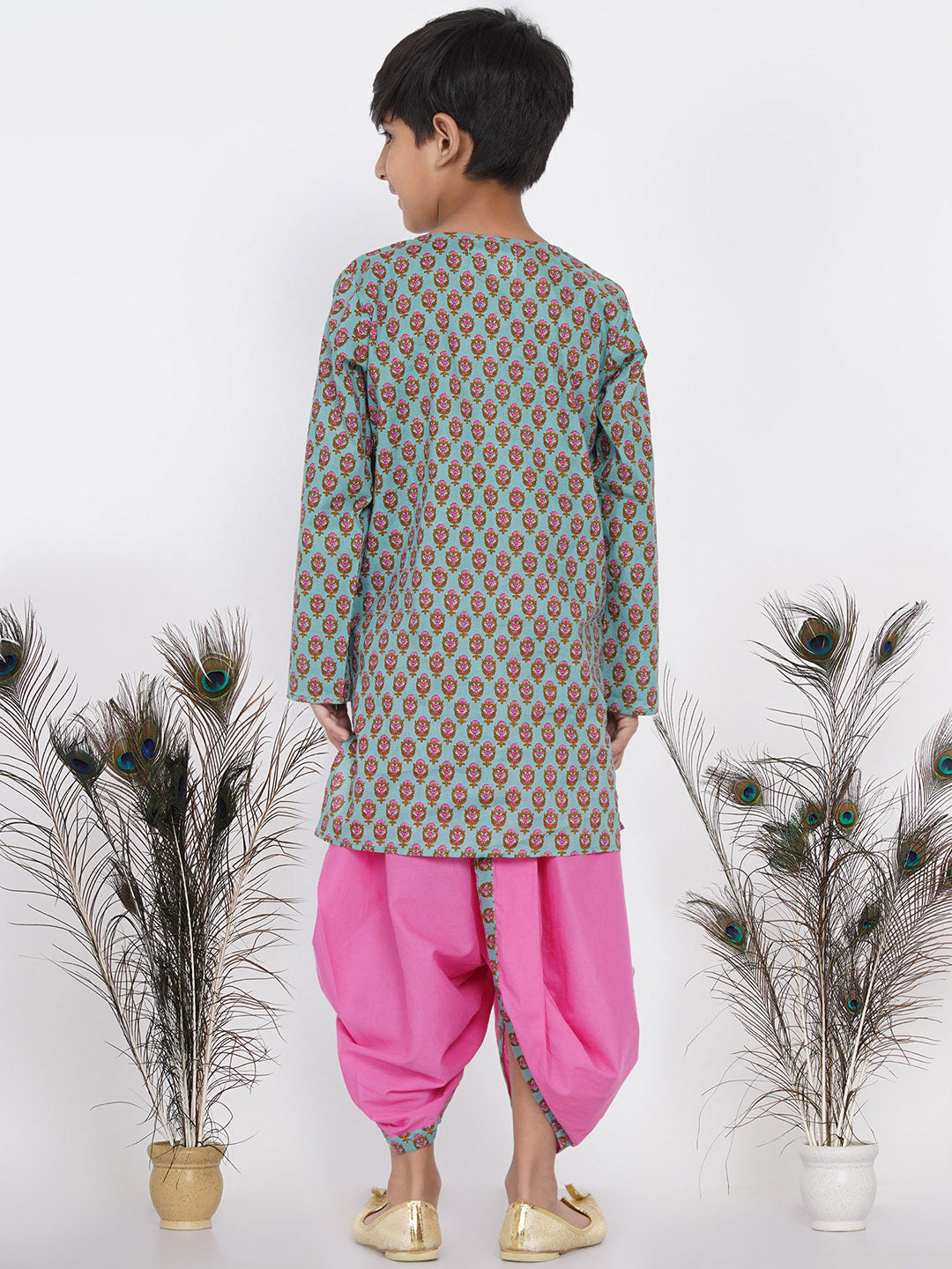 Boys Floral Kurta with Pearl Buttons and Dhoti in Blue and Pink  | SHOBITAM