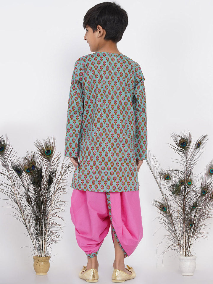 Boys Floral Kurta with Pearl Buttons and Dhoti in Blue and Pink  | SHOBITAM