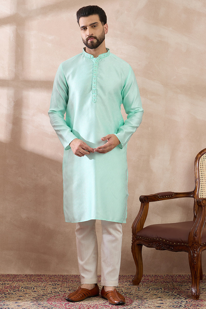 Teal Polyester Woven Design Mandarin Collar Straight Kurta With Trouser For Men | SHOBITAM