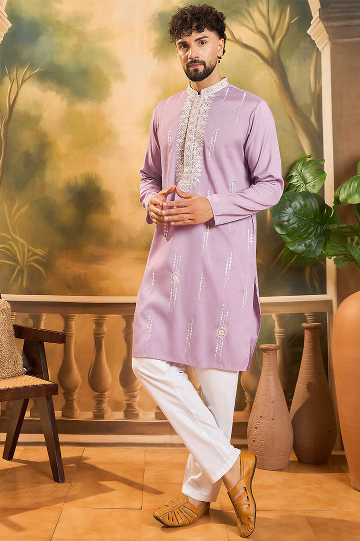 Lavender Silk Blend Solid Embroidered Straight Kurta with Trouser | SHOBITAM