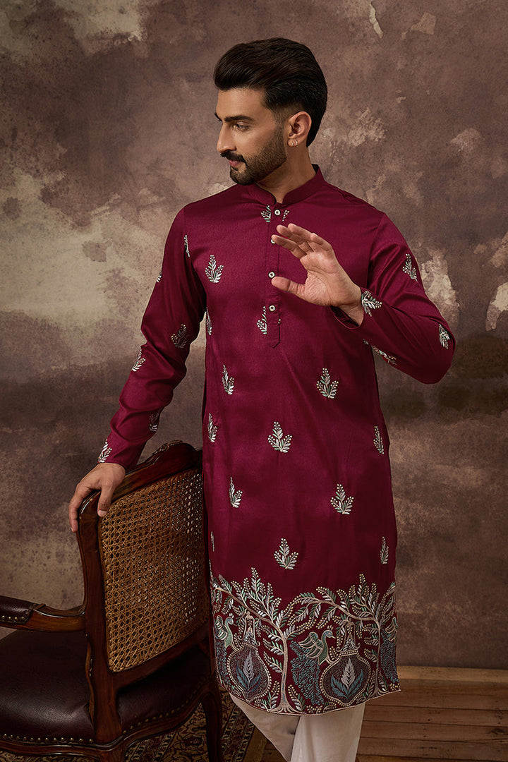 Maroon Silk Blend Solid Embroidered Straight Kurta with Trouser  | SHOBITAM