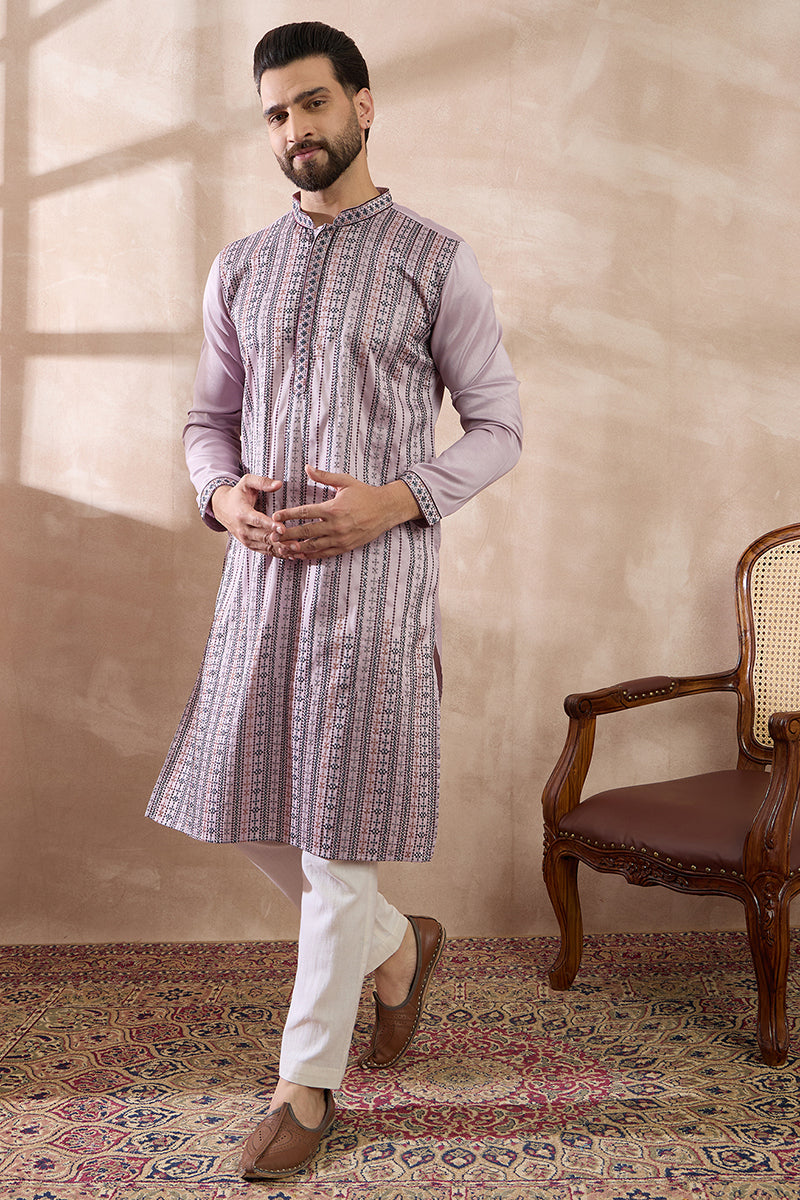 Lavender Silk Blend Embroidered Mandarin Collar Straight Kurta With Trouser | SHOBITAM