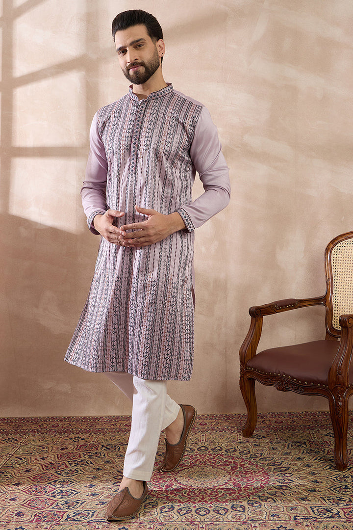 Lavender Silk Blend Embroidered Mandarin Collar Straight Kurta With Trouser | SHOBITAM