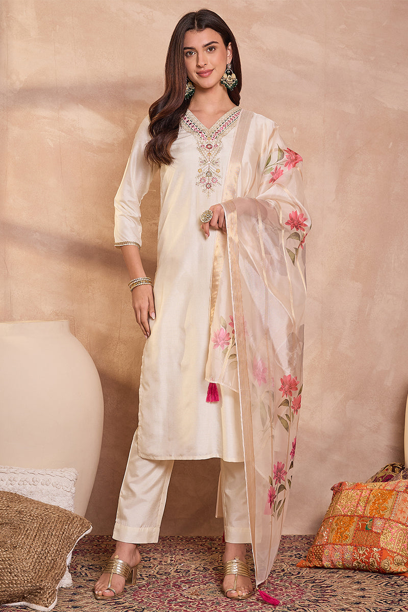 Off White Silk Blend Solid Embroidered Straight Kurta Trouser With Dupatta | SHOBITAM