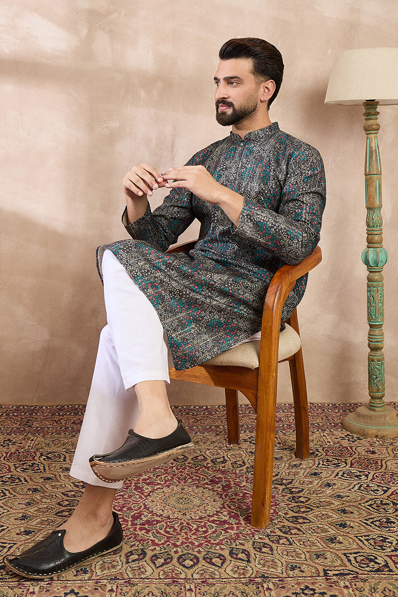 Black Silk Blend Floral Printed Straight Kurta For Men | SHOBITAM