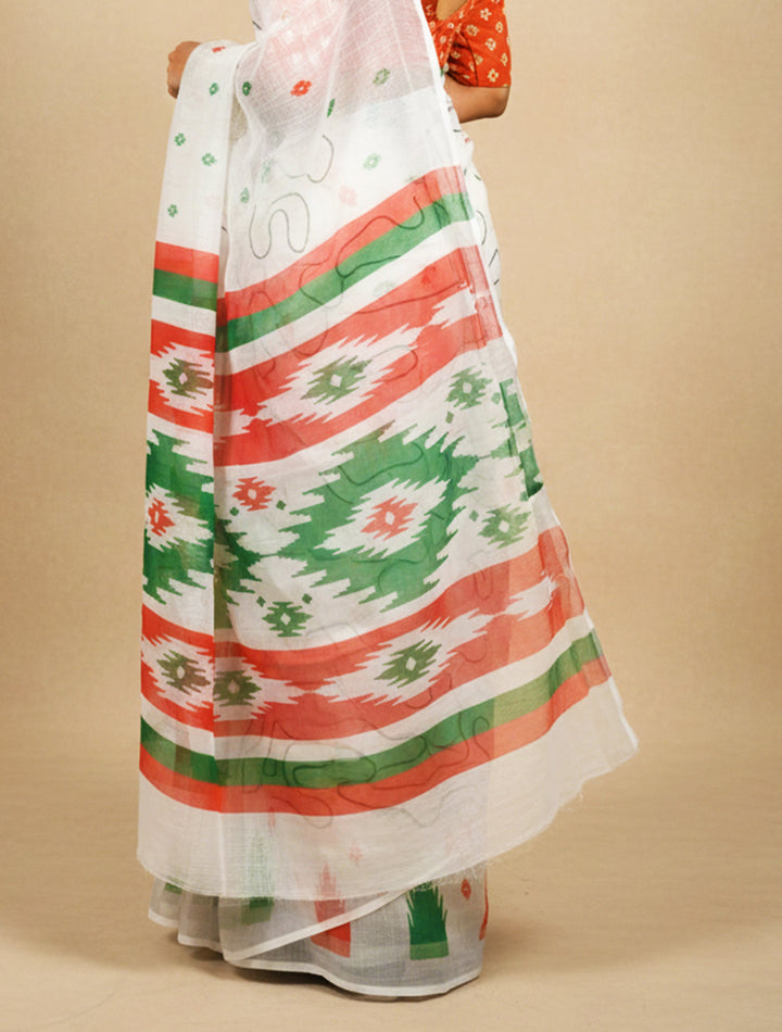 White Ikat Print Cotton Saree With Unstitched Blouse | SHOBITAM