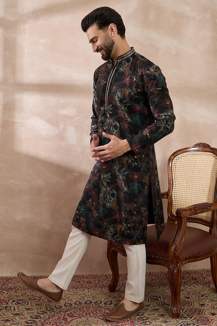 Black Silk Blend Printed Mandarin Collar Straight Kurta With Trouser | SHOBITAM
