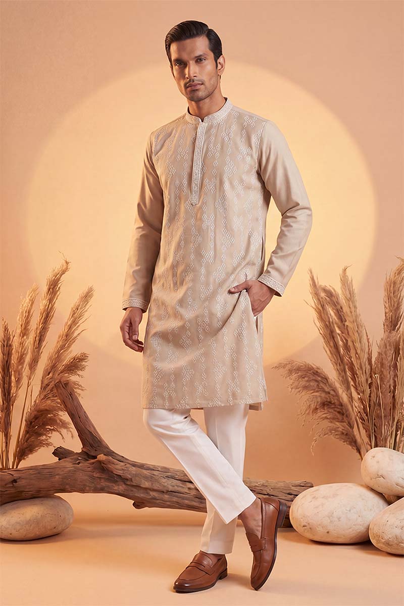 Mens Beige Silk Blend Solid Embroidered Kurta With Trousers  | SHOBITAM