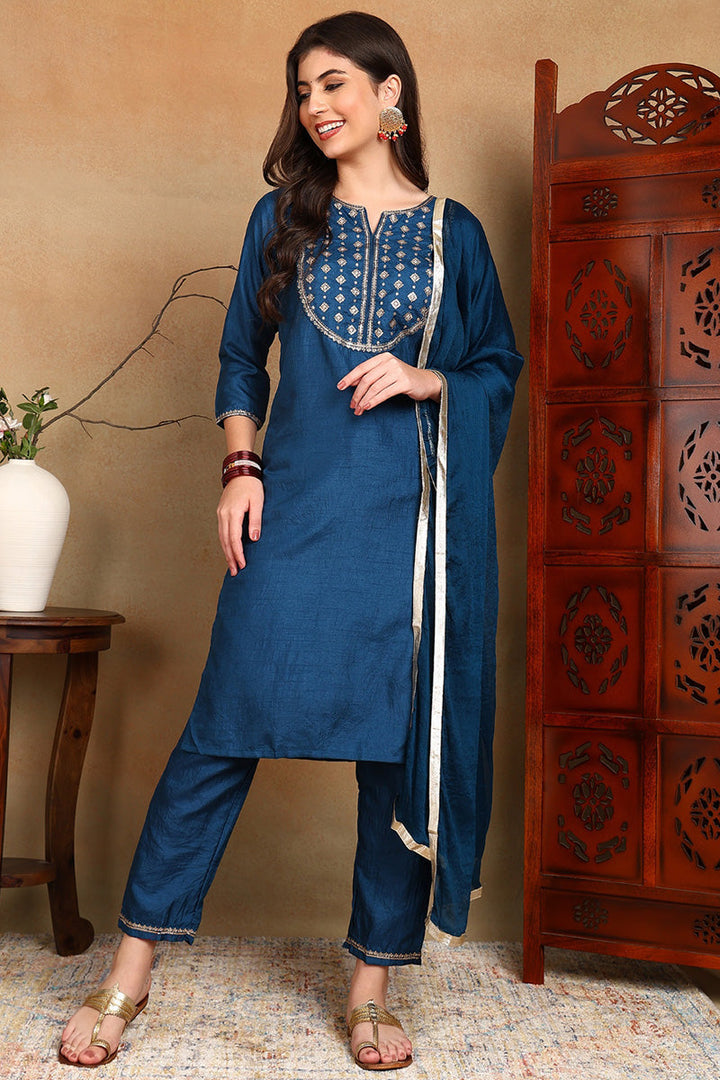 Silk Blend Blue Embroidered Straight Kurta Pant With Dupatta | SHOBITAM
