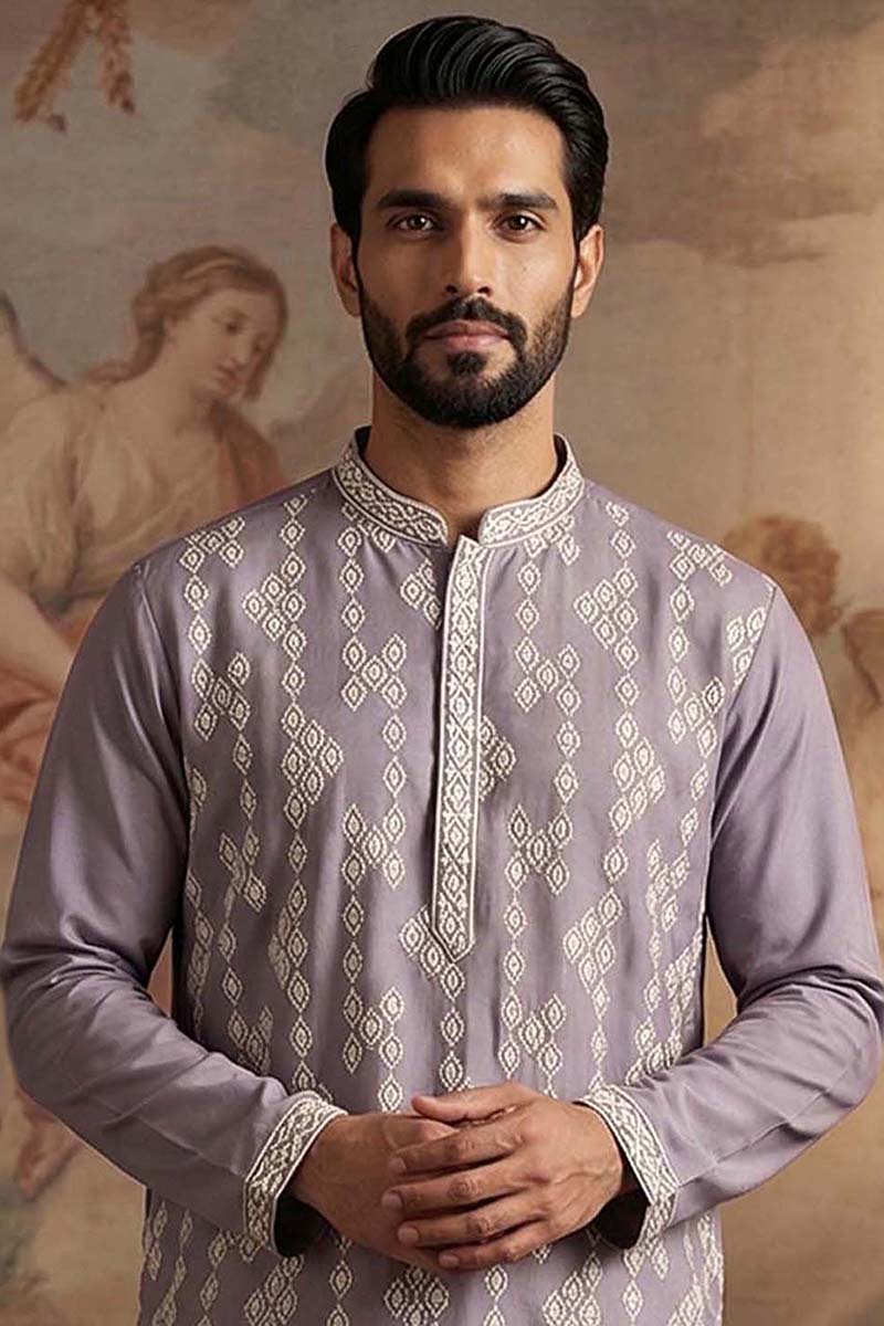 Silk Blend Lavender Solid Embroidered Calf Length Straight Kurta | SHOBITAM