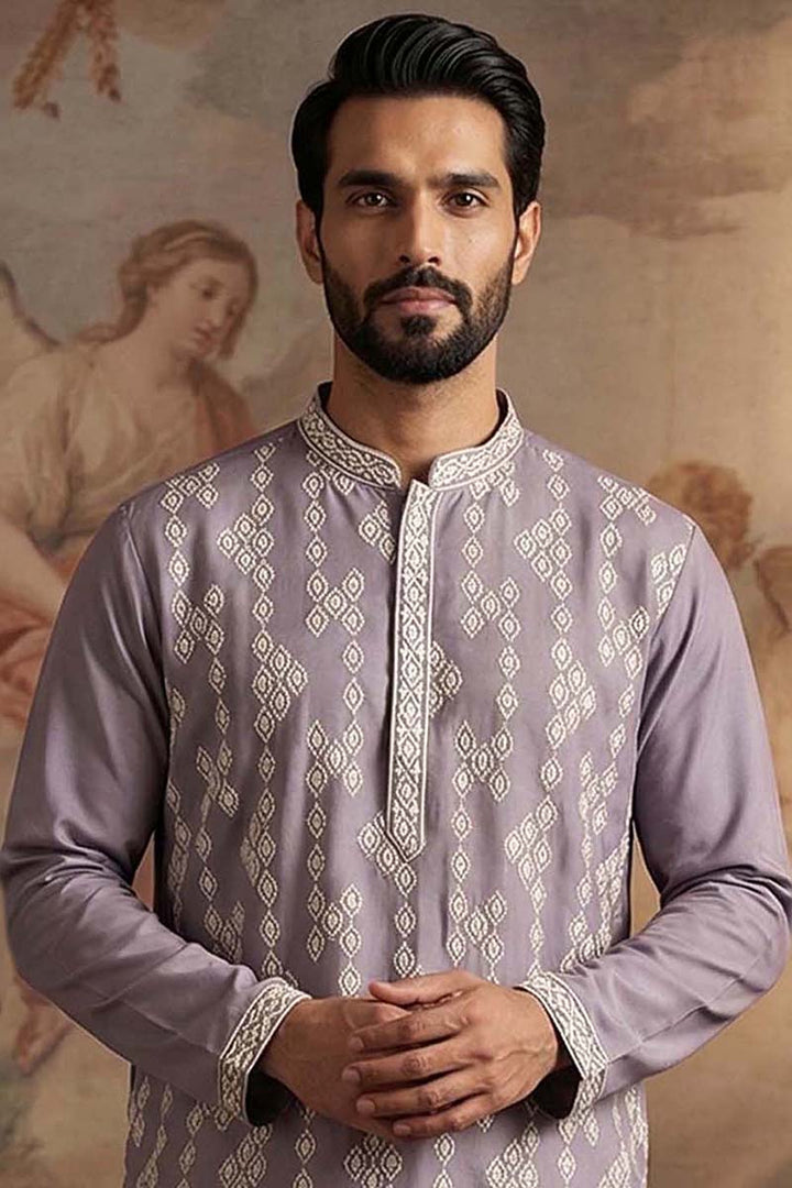 Silk Blend Lavender Solid Embroidered Calf Length Straight Kurta | SHOBITAM