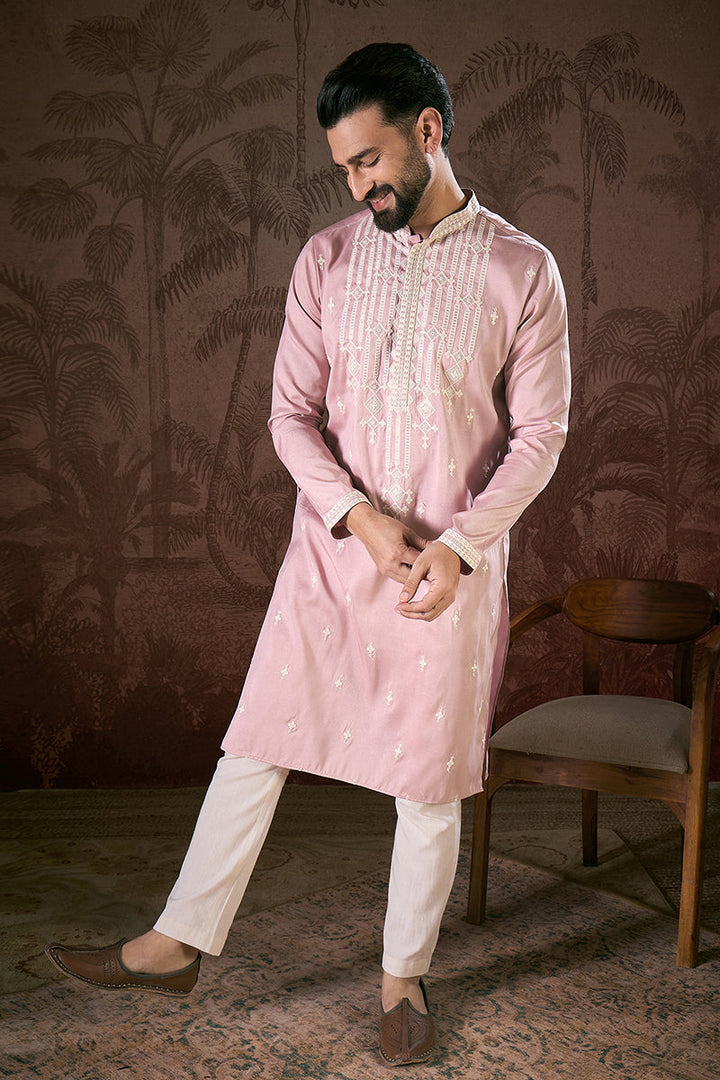 Pink Silk Blend Solid Embroidered Straight Kurta | SHOBITAM