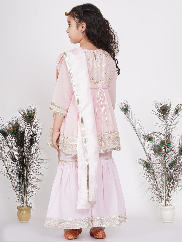 Girls Gotta Patti work Kurta frock with Sharara and Dupatta - Baby Pink | SHOBITAM