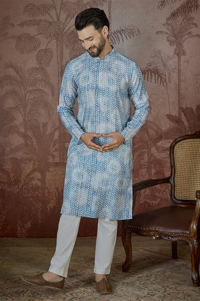 Mens Blue Linen Ethnic Motifs Printed Regular Kurta With Trouser | SHOBITAM