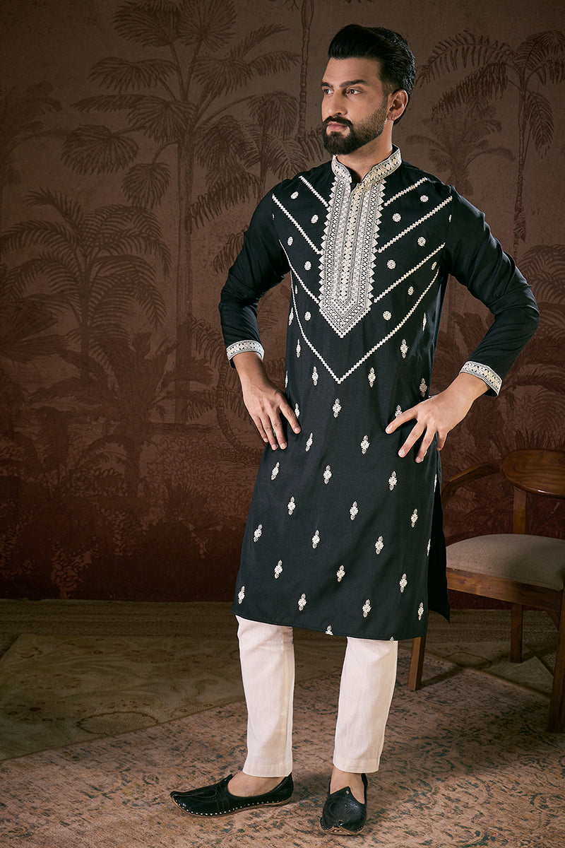 Black Silk Blend Solid Embroidered Straight Kurta For Men | SHOBITAM
