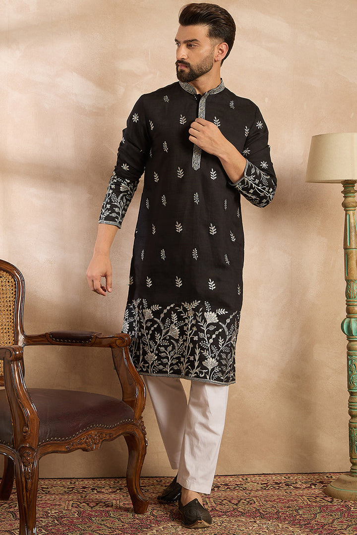 Black Silk Blend Solid Embroidered Straight Kurta | SHOBITAM